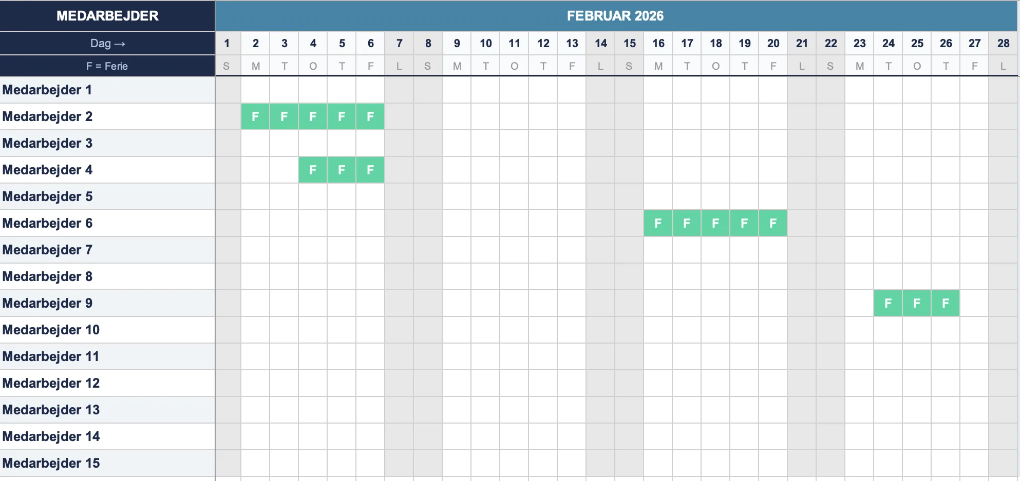 Ferieplan Excel-skabelon 2026 med dagskalender, farvekoder og oversigt